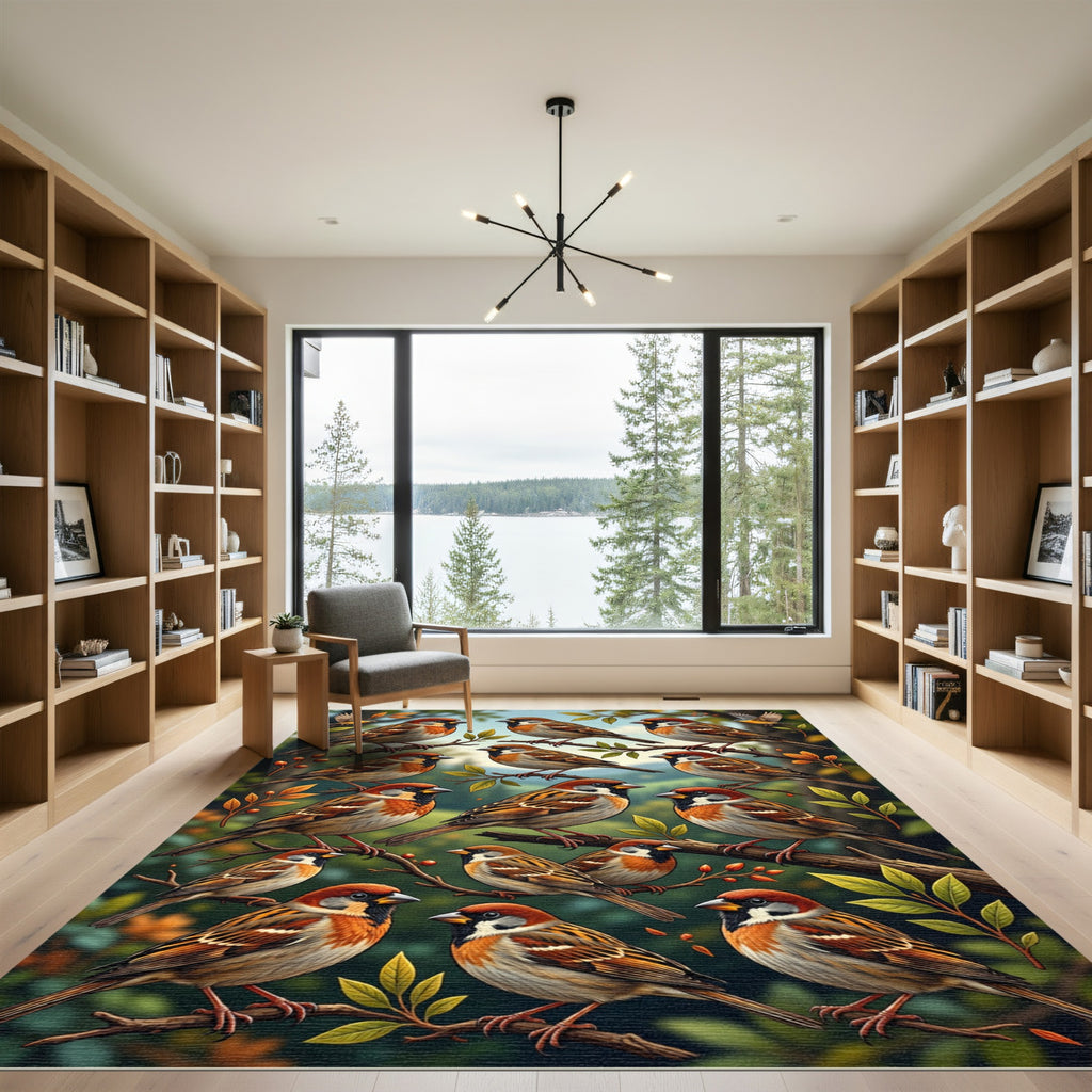 Charming Woodland Sparrow Bird Branch Illustration Rug