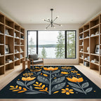 Modern Golden Floral Botanical Illustration Rug