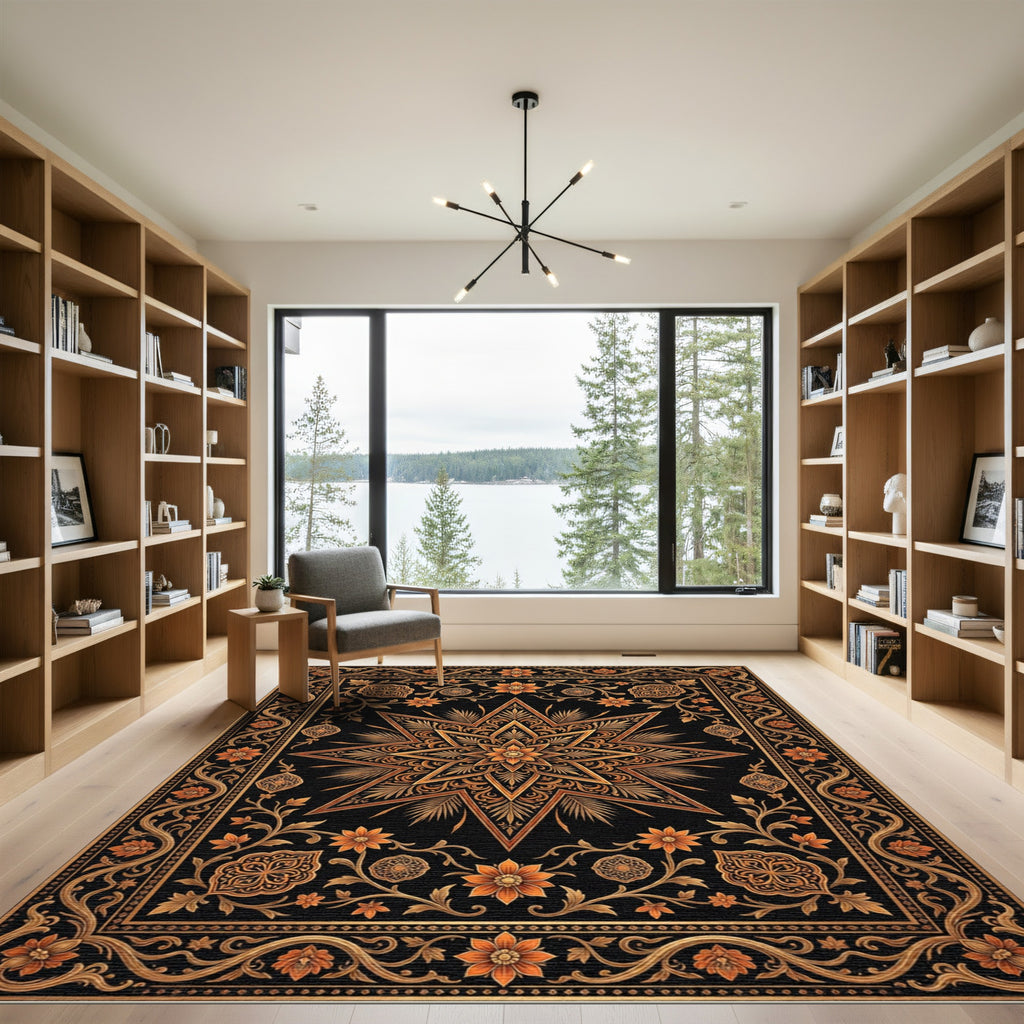 Ornate Black Gold Floral Star Rug