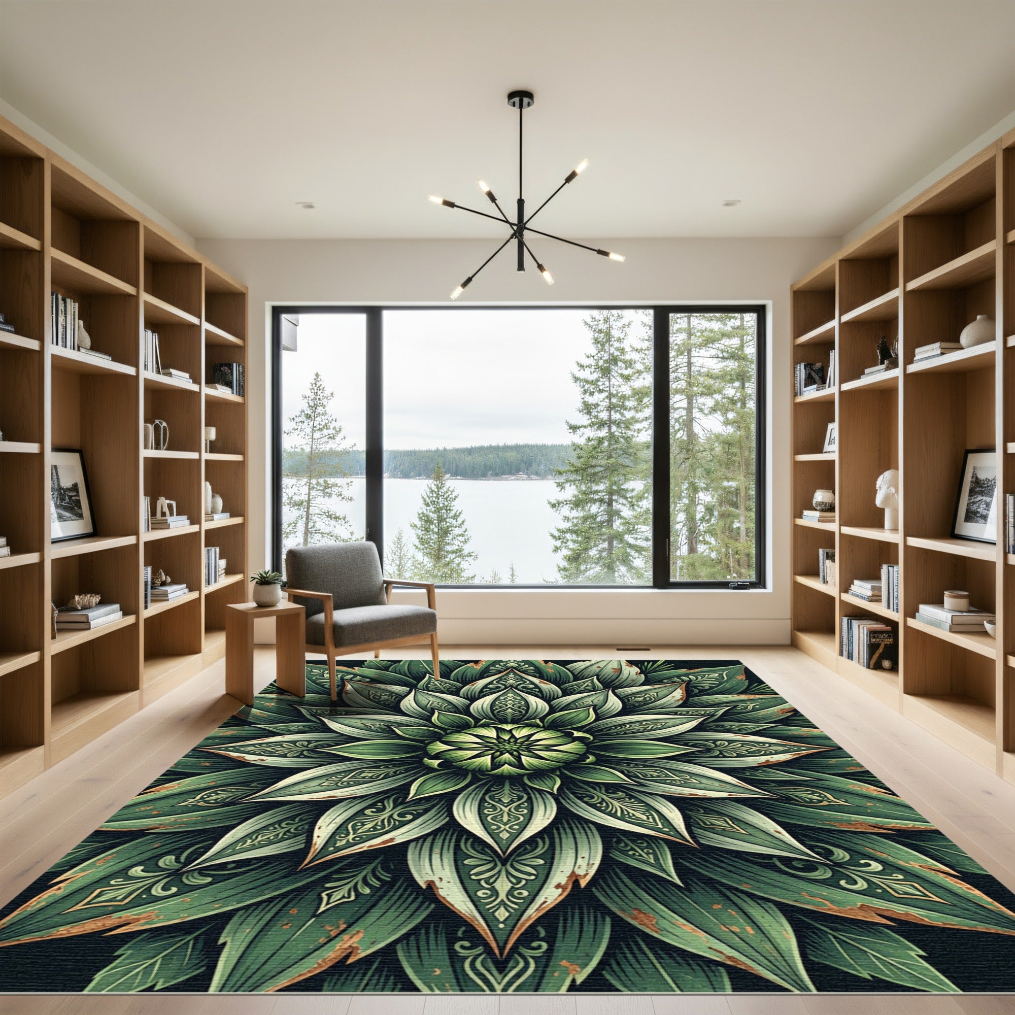 Embroidered Emerald Leaf Botanical Mandala Rug