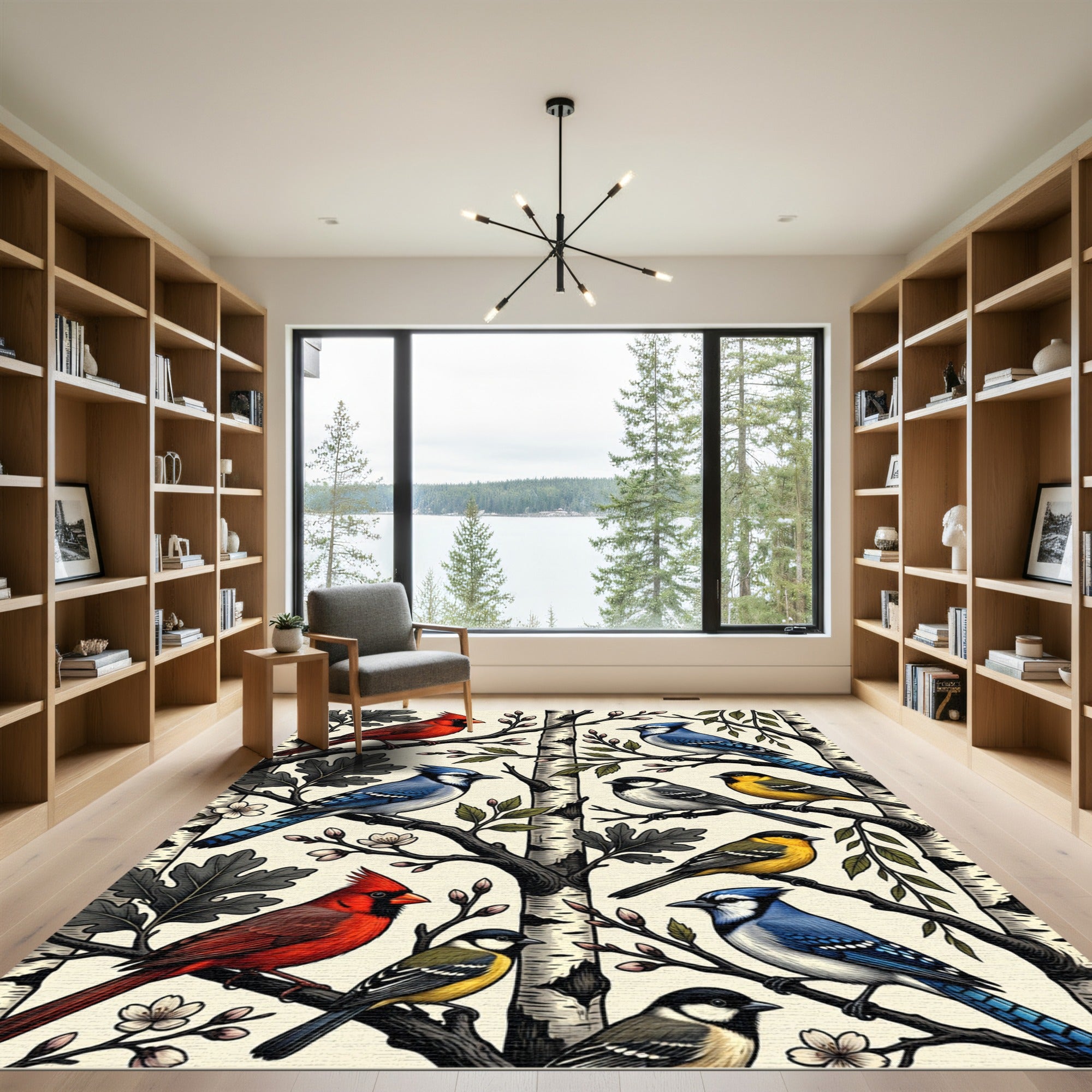 Birch Forest Songbird Illustration Rug