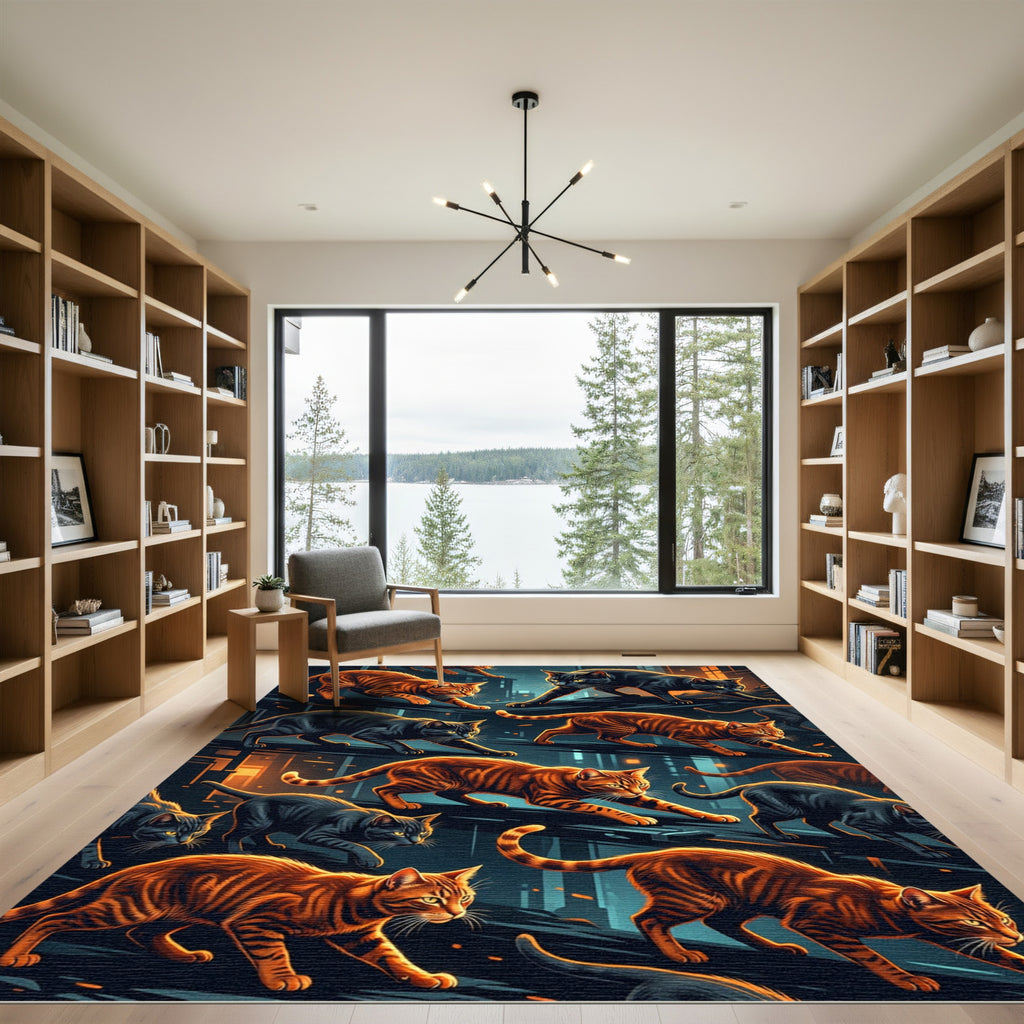 Feline City Night Orange Black Cats Rug
