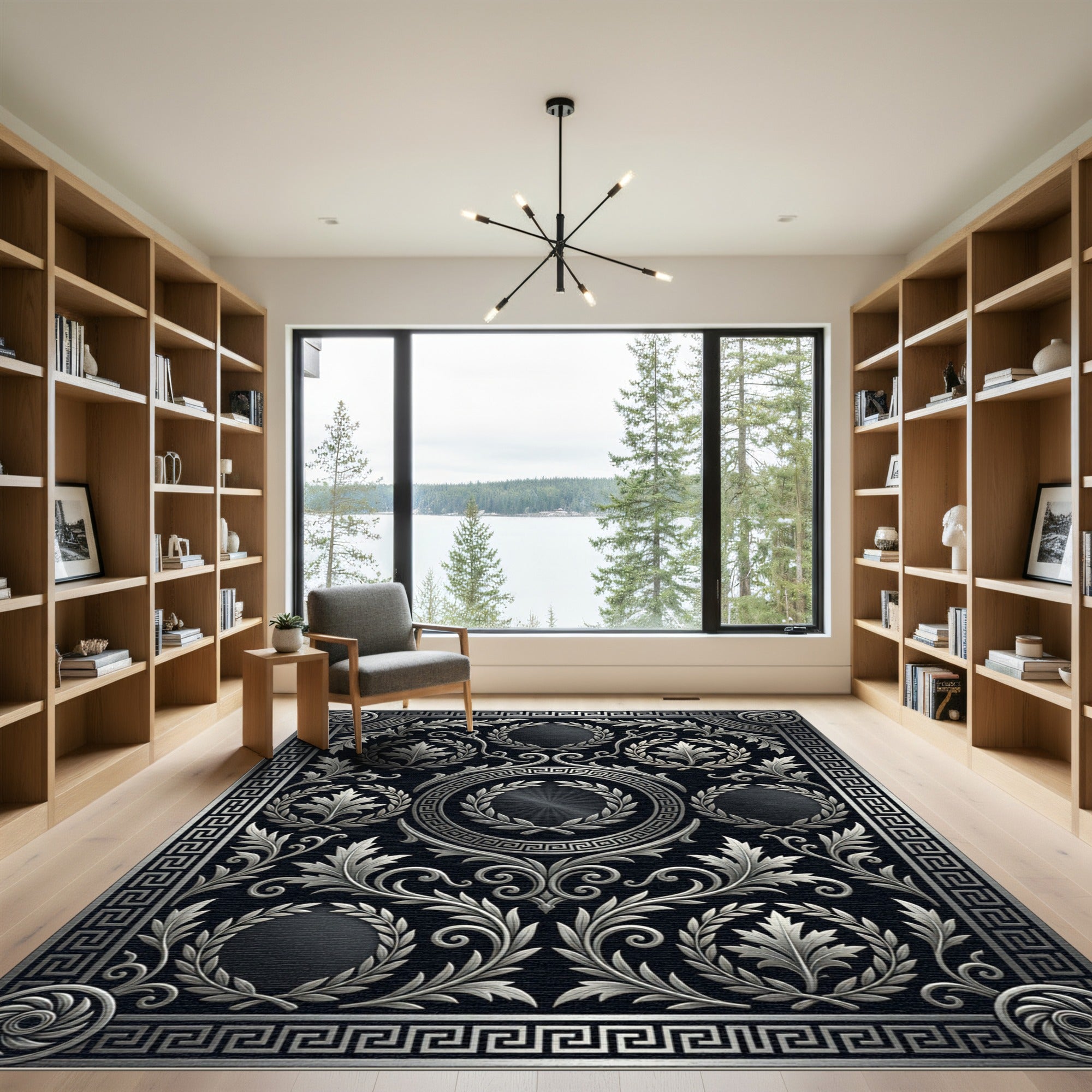 Silver Greek Key Filigree Ornamental Rug