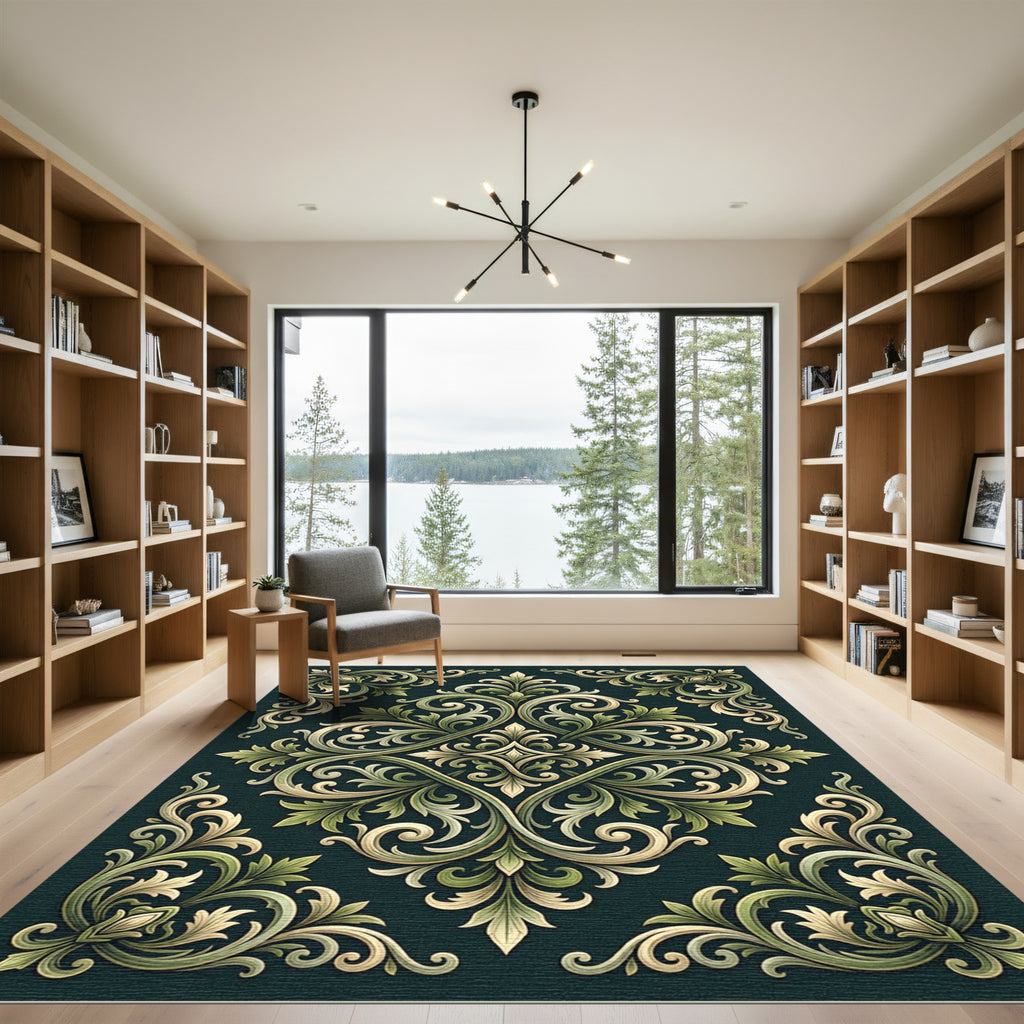 Sage Green Baroque Damask Scroll Rug