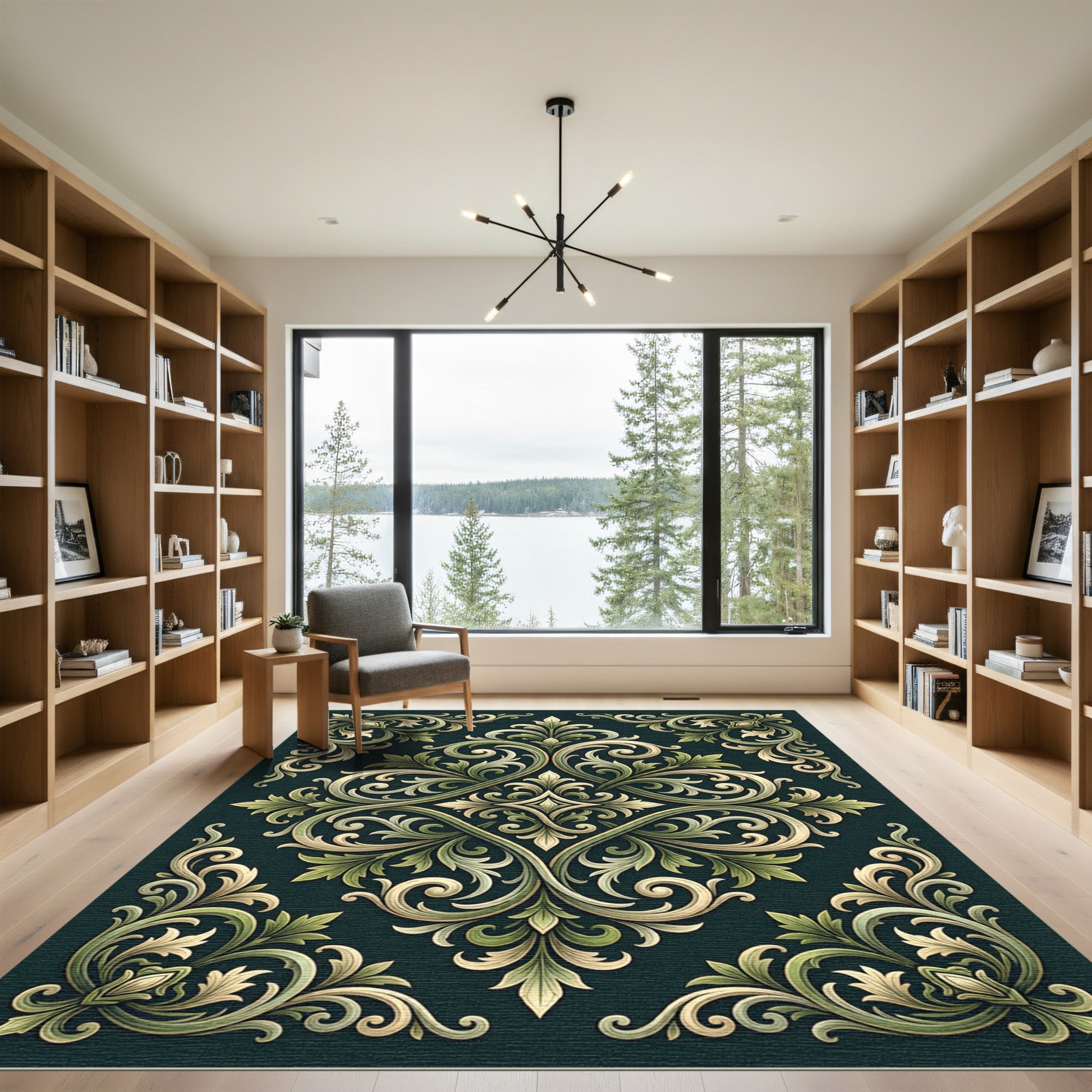 Sage Green Baroque Damask Scroll Rug