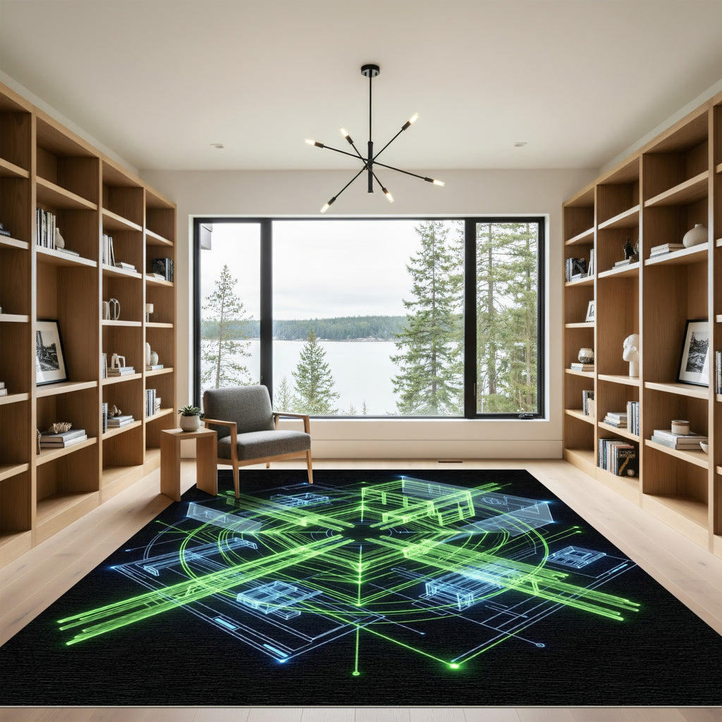 Cyber Neon Geometric Blueprint Grid Rug