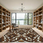 Elegant Brown Damask Scroll Ornate Rug