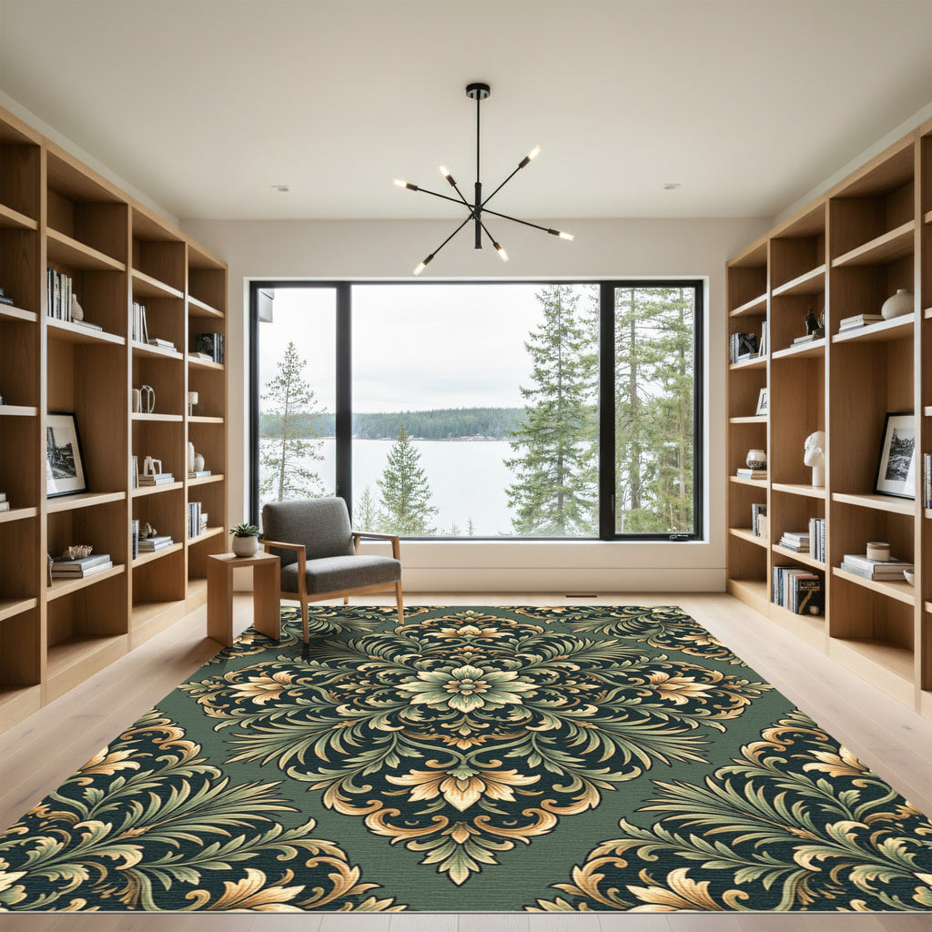 Rich Emerald Floral Acanthus Scroll Rug