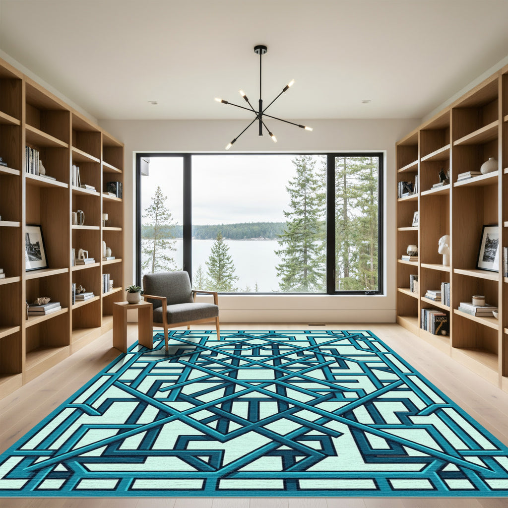 Geometric Teal Interlocking Linear Lattice Rug