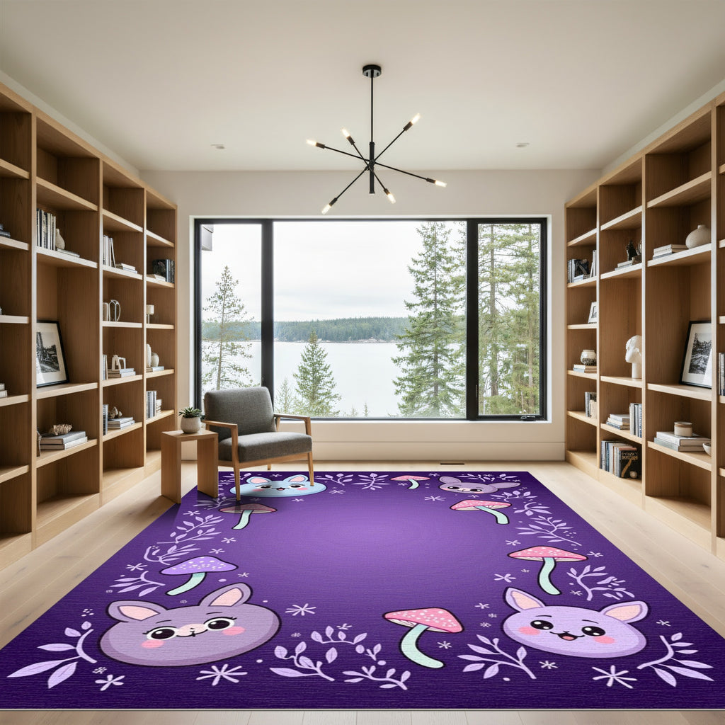Cute Bunny Mushroom Purple Garden Rug