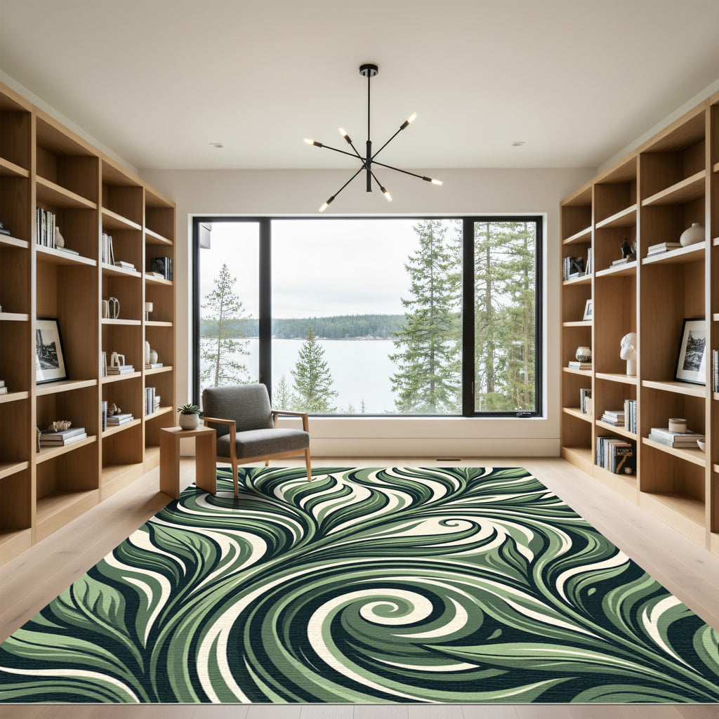 Earthy Sage Botanical Swirl Leaf Rug