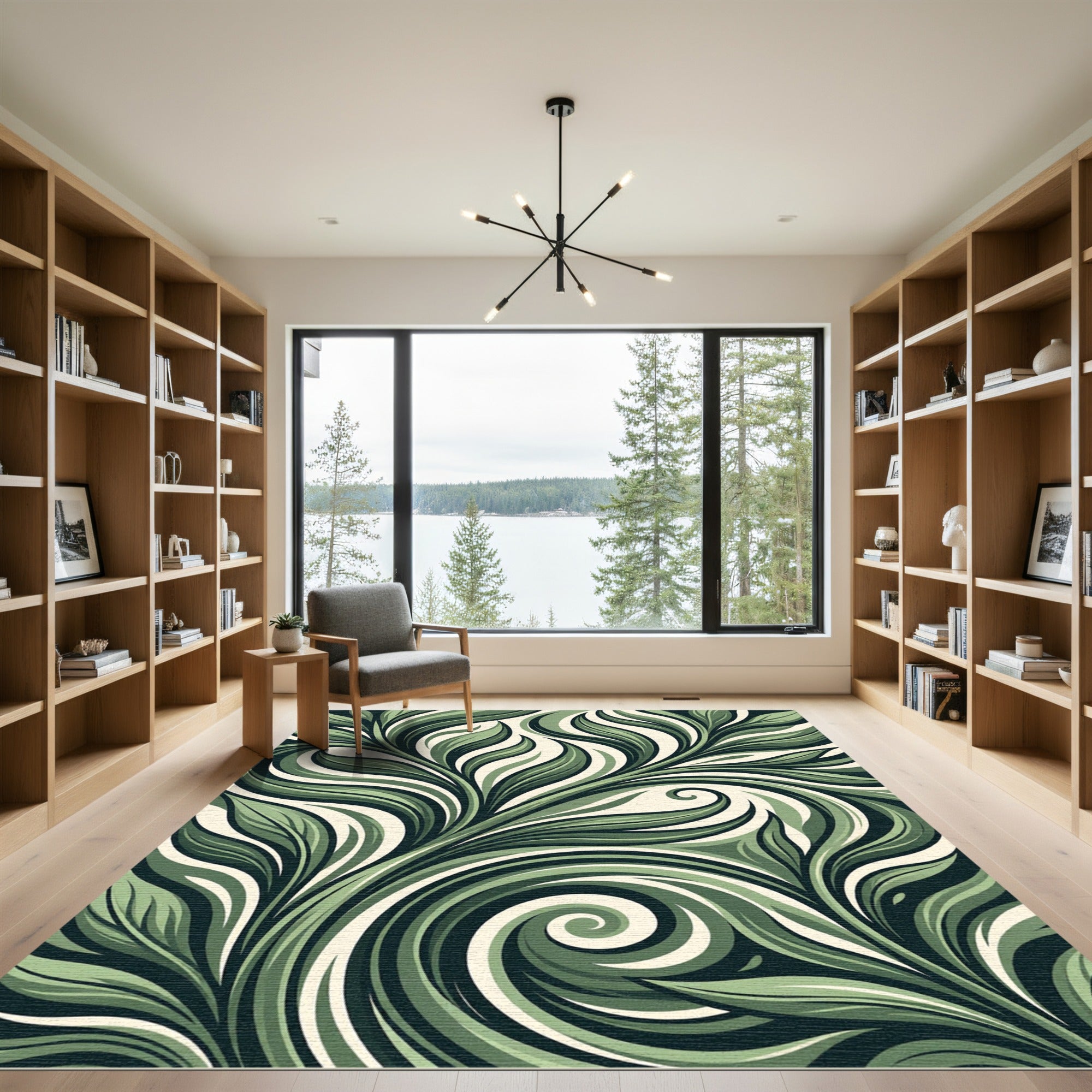 Earthy Sage Botanical Swirl Leaf Rug