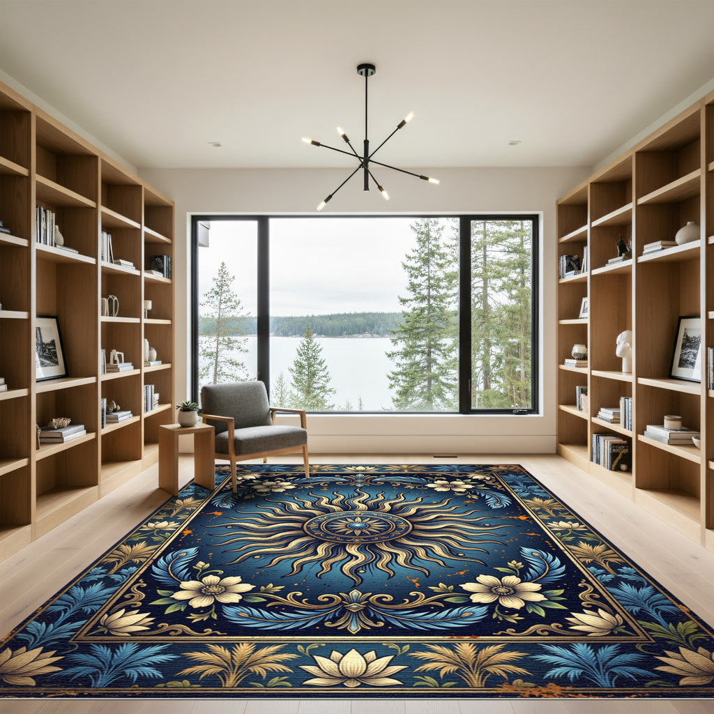 Celestial Golden Sun Blue Floral Medallion Rug