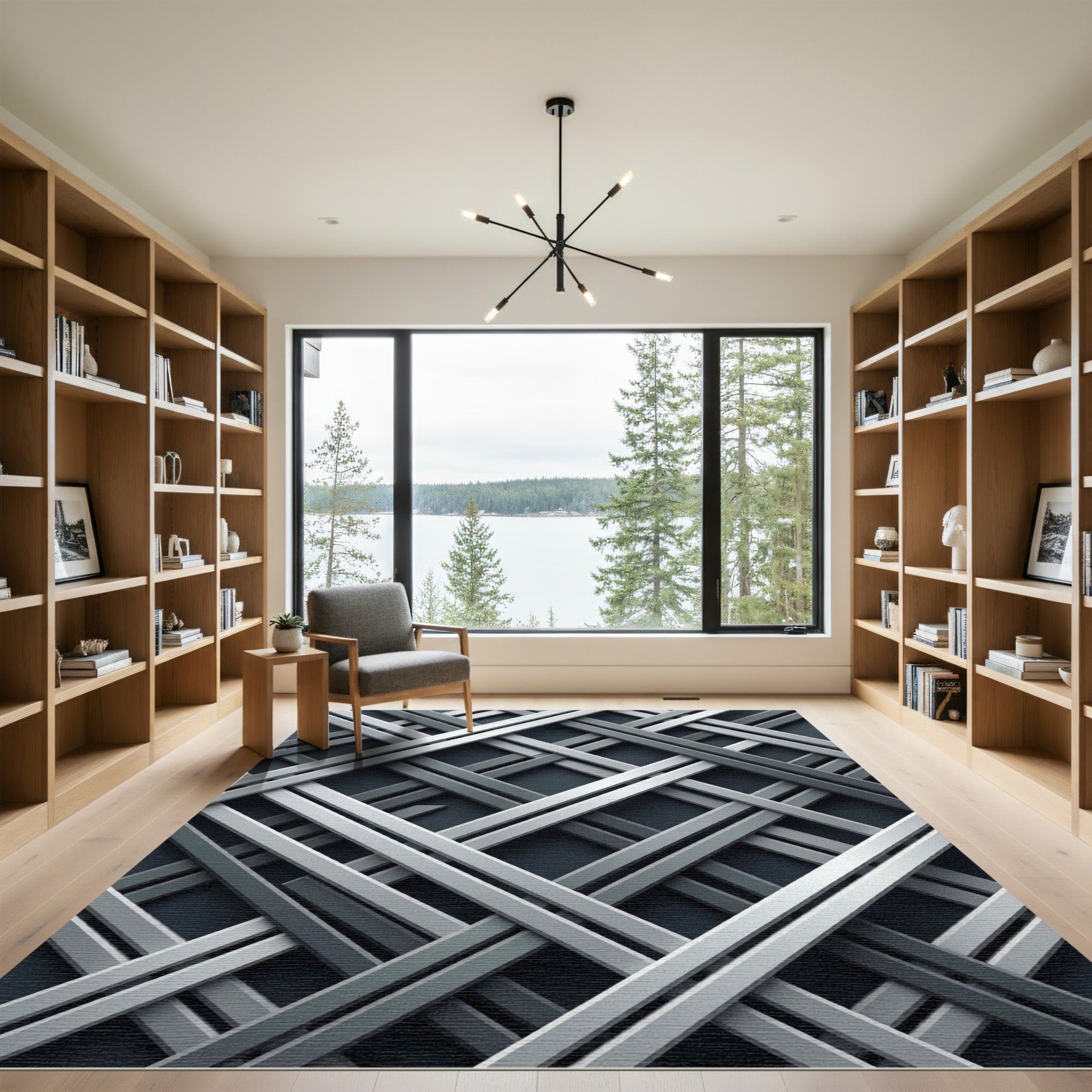 Modern Linear Metallic Crosshatch Gray Rug