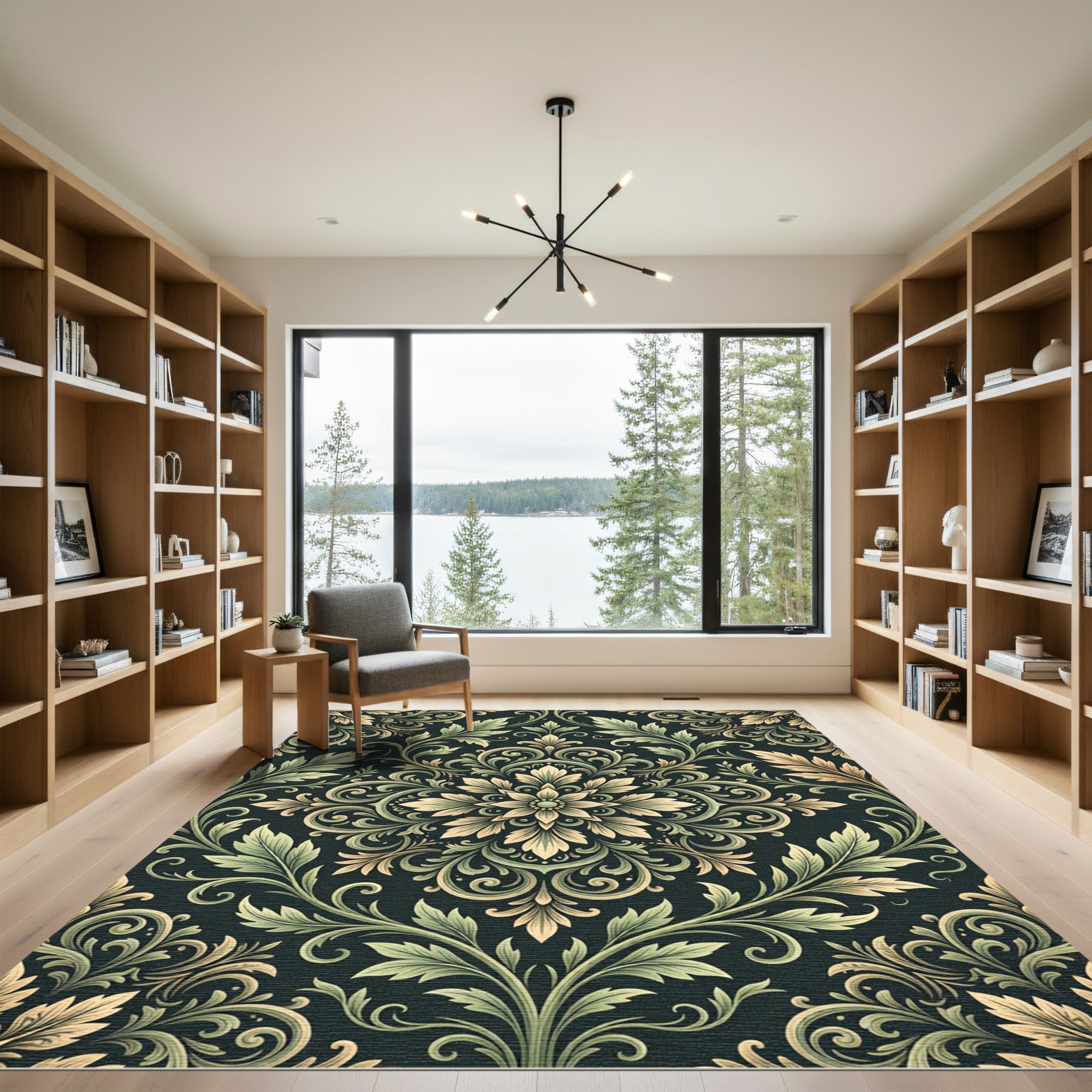 Elegant Olive Green Damask Floral Scroll Rug