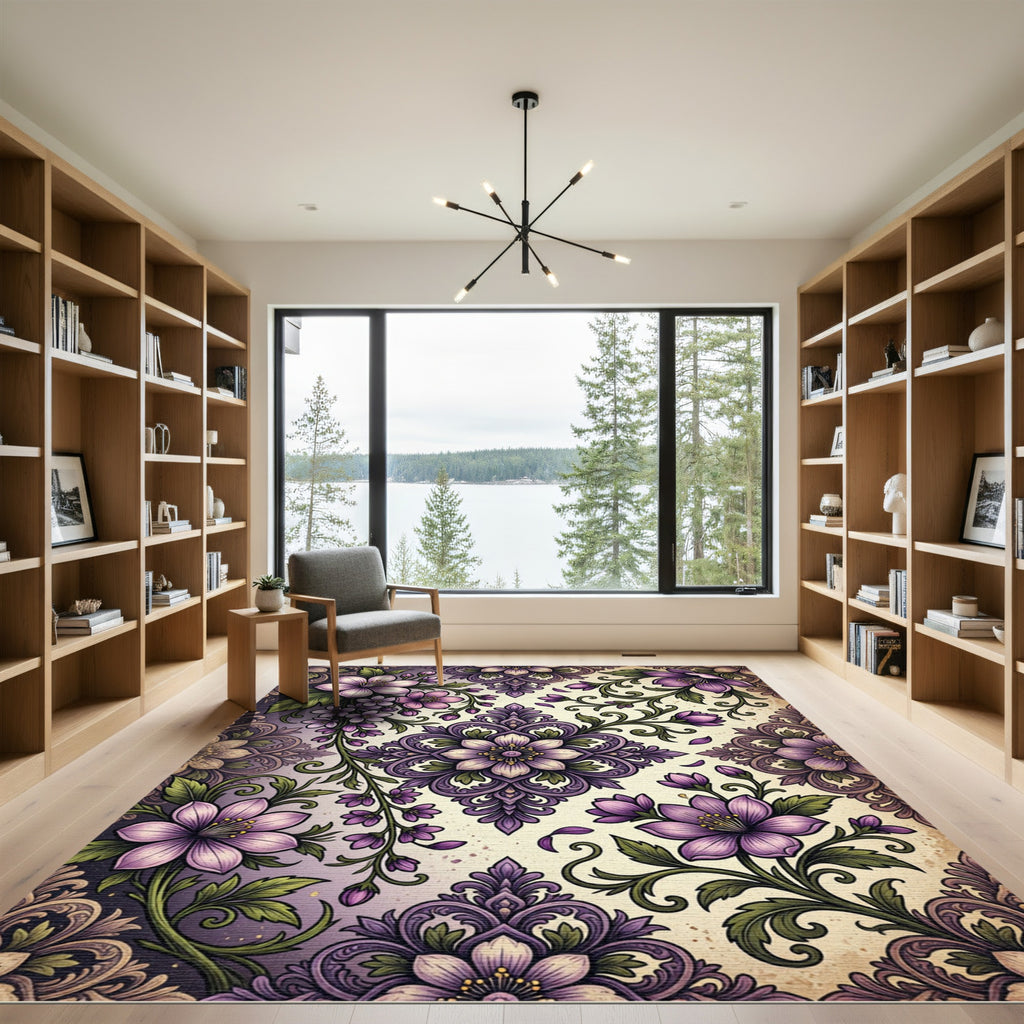 Elegant Purple Floral Damask Medallion Rug