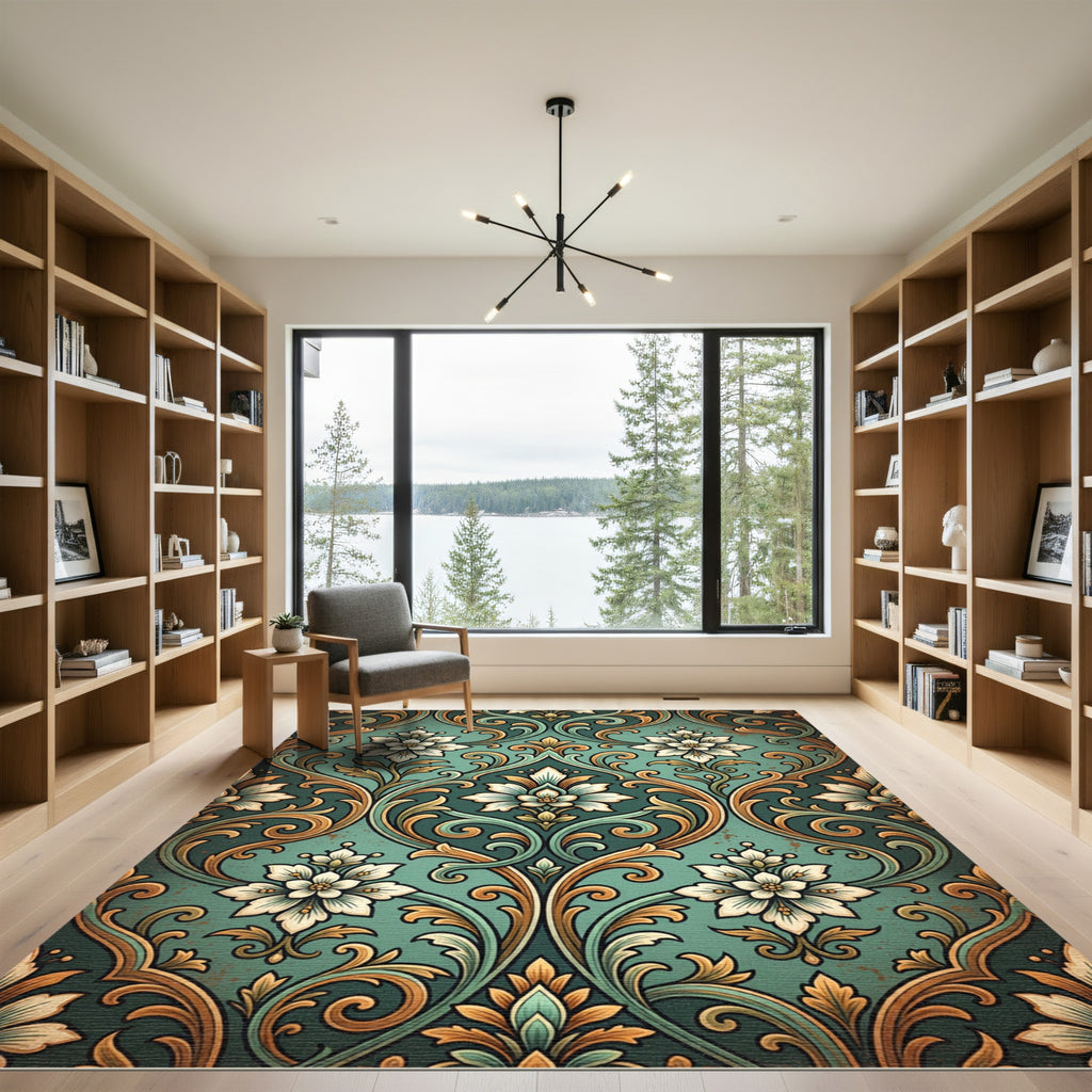 Ornate Damask Teal and Gold Floret Rug