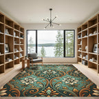 Ornate Damask Teal and Gold Floret Rug