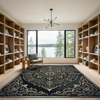 Ornate Gold Floral Black Medallion Rug
