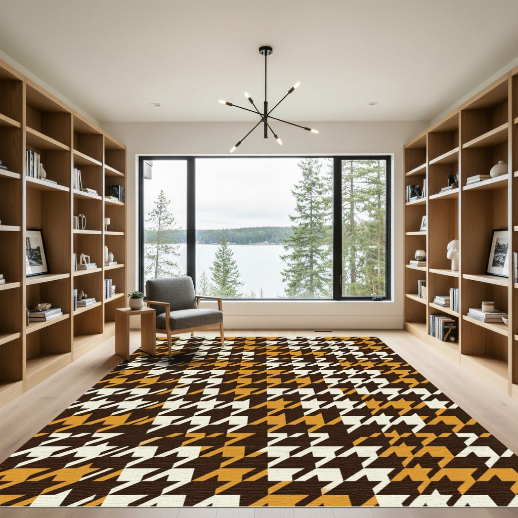Classic Houndstooth Brown Gold Rug