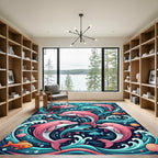 Whimsical Pink Dolphin Ocean Wave Art Rug