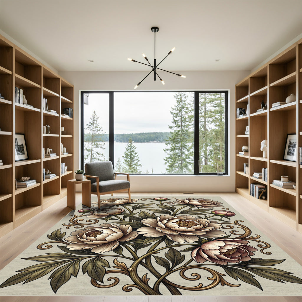 Elegant Vintage Peony Floral Scroll Rug