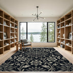 Ornate Black Floral Scrollwork Rug