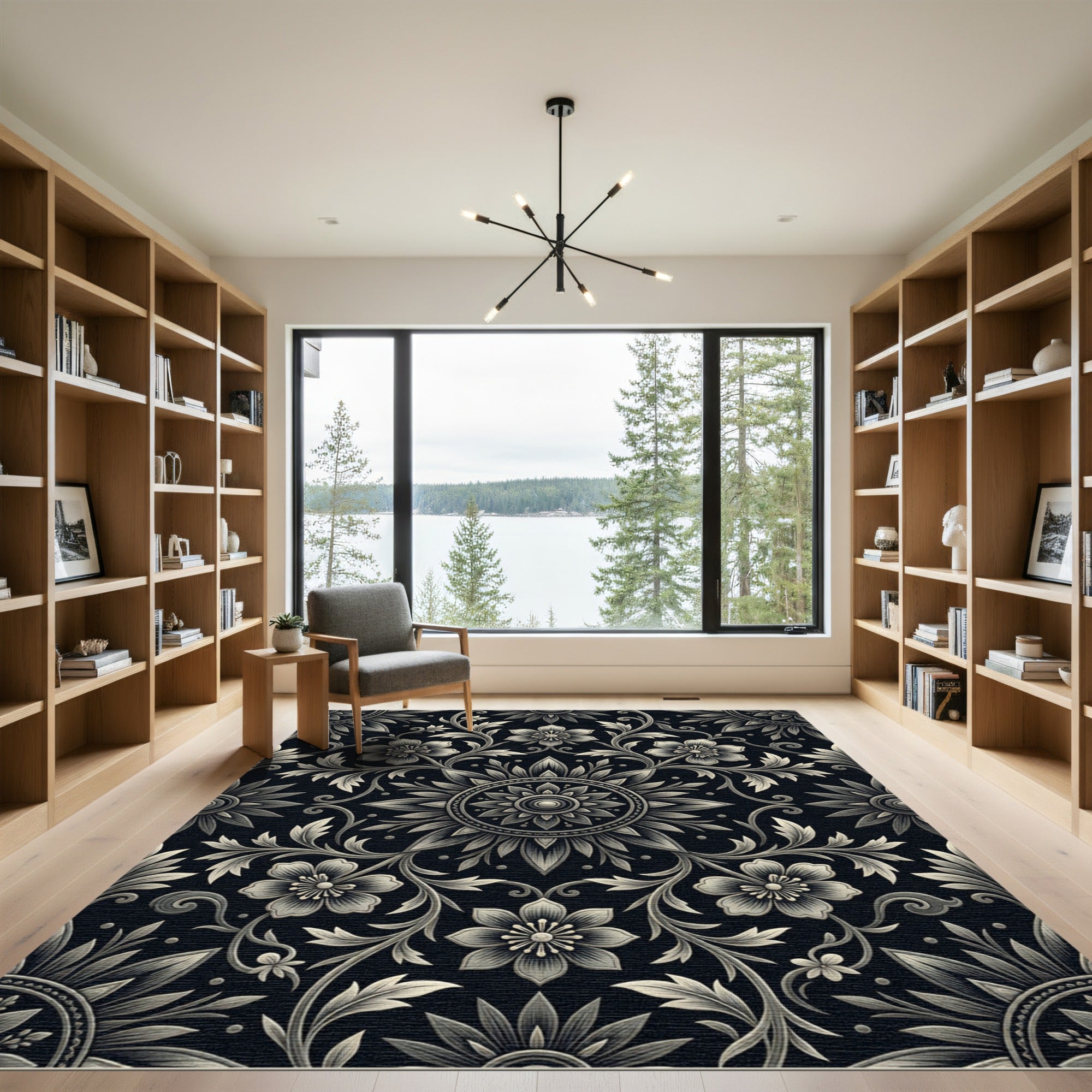 Ornate Black Floral Scrollwork Rug