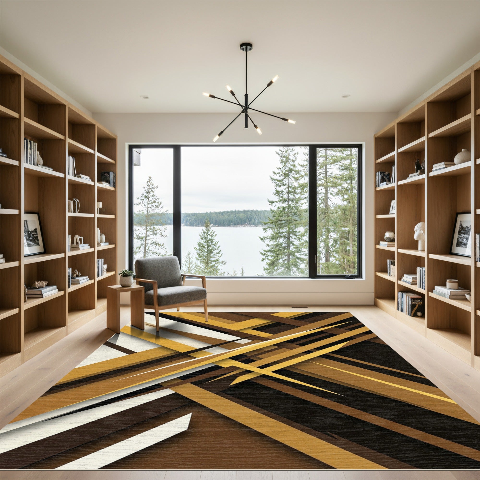 Modern Golden Brown Abstract Diagonal Lines Rug