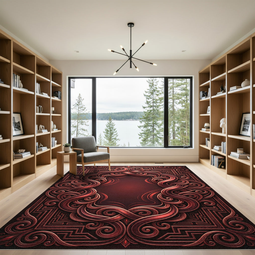 Crimson Swirl Scrollwork Frame Rug
