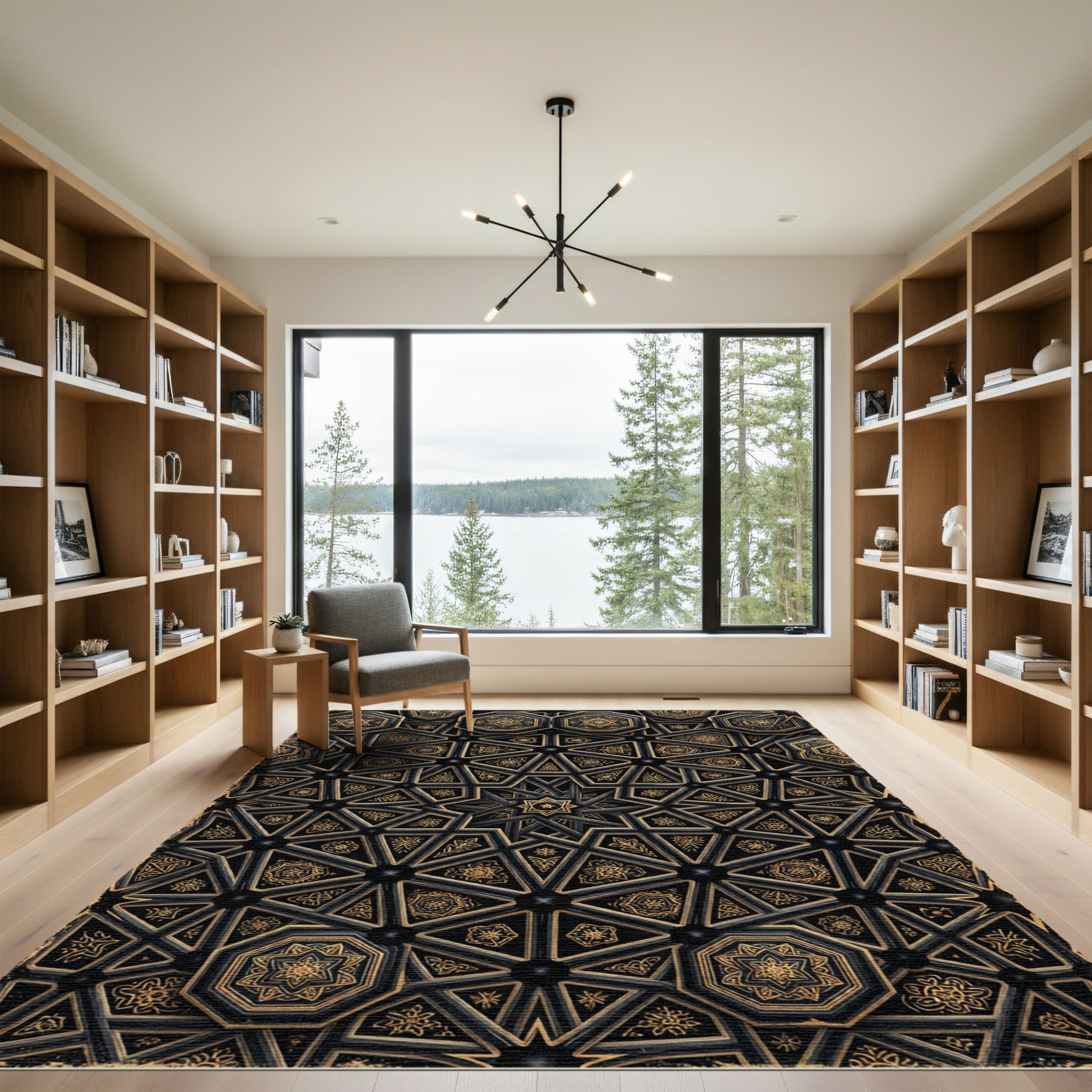 Intricate Gold Black Starburst Geometric Rug