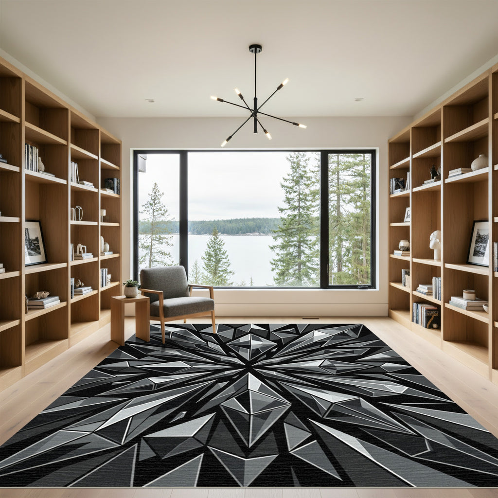 Radiant Monochrome Geometric Crystal Facet Rug