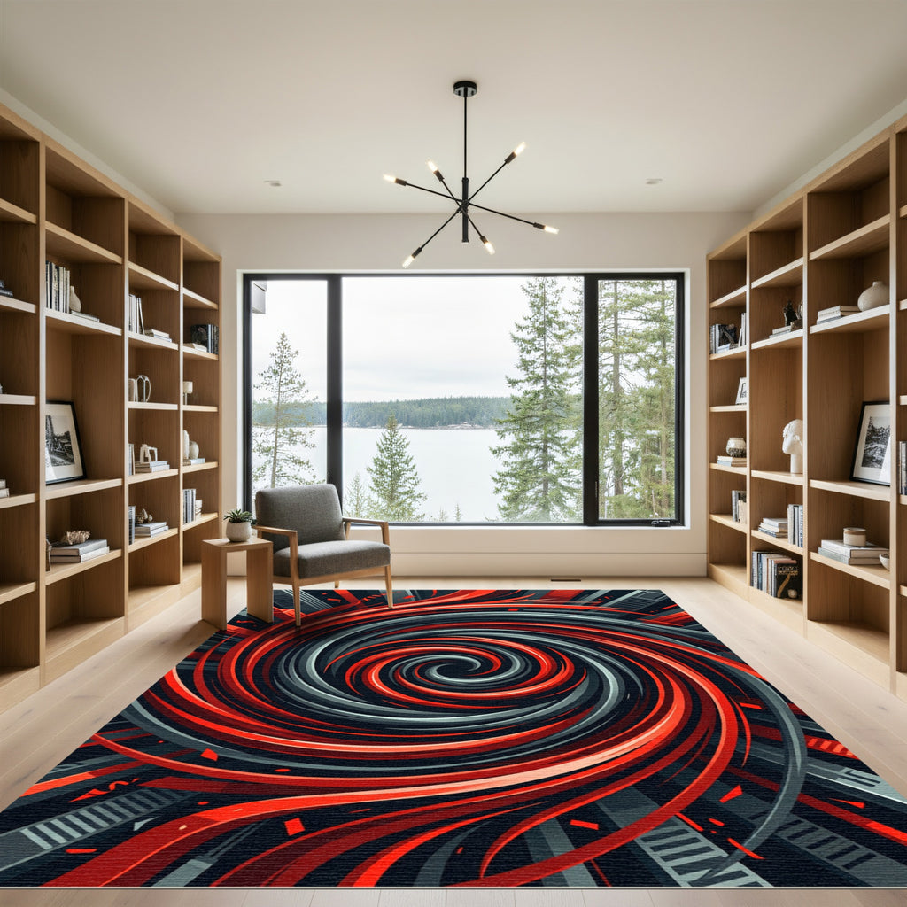 Crimson Gray Swirl Skyline Abstract Rug