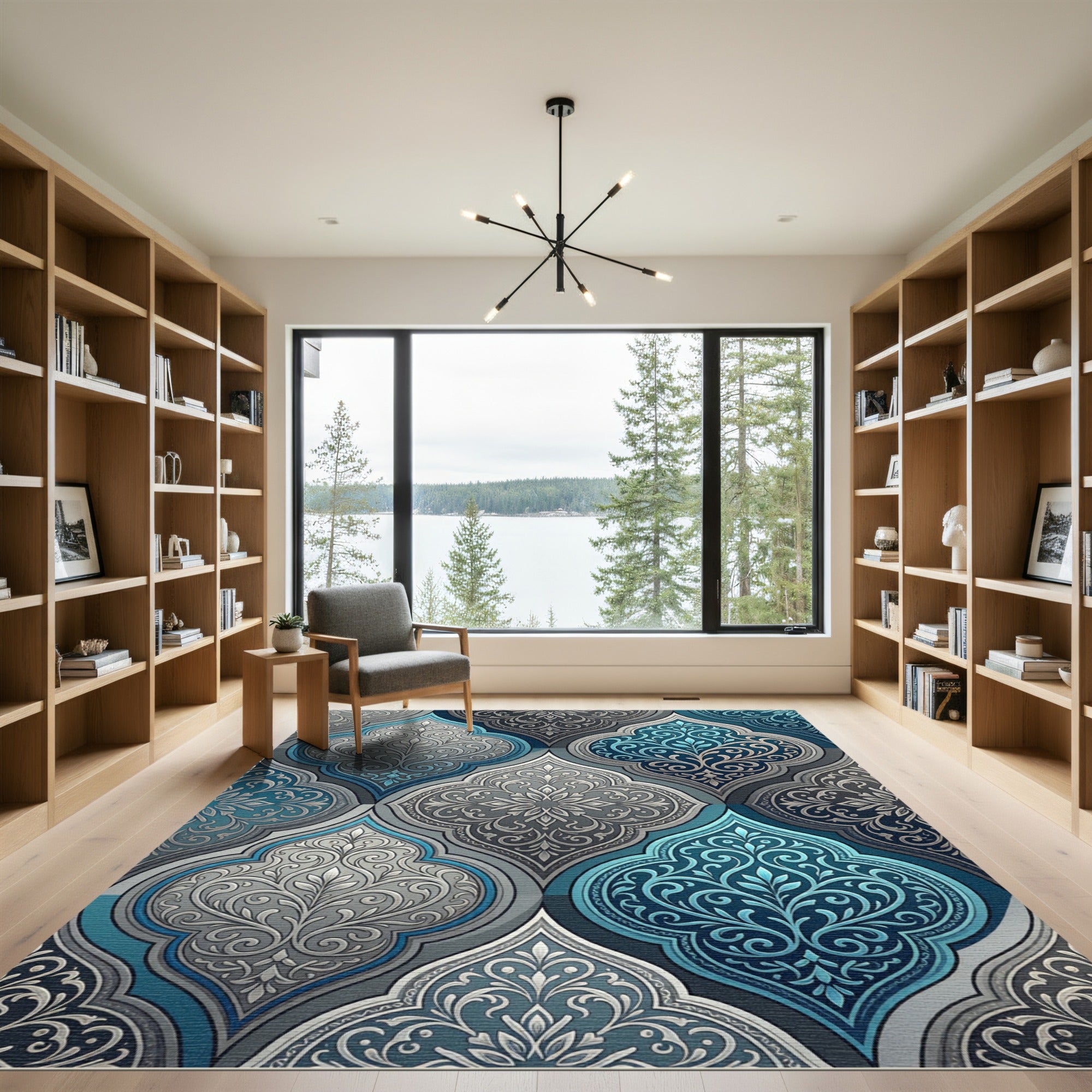 Elegant Blue and Silver Damask Ornate Rug