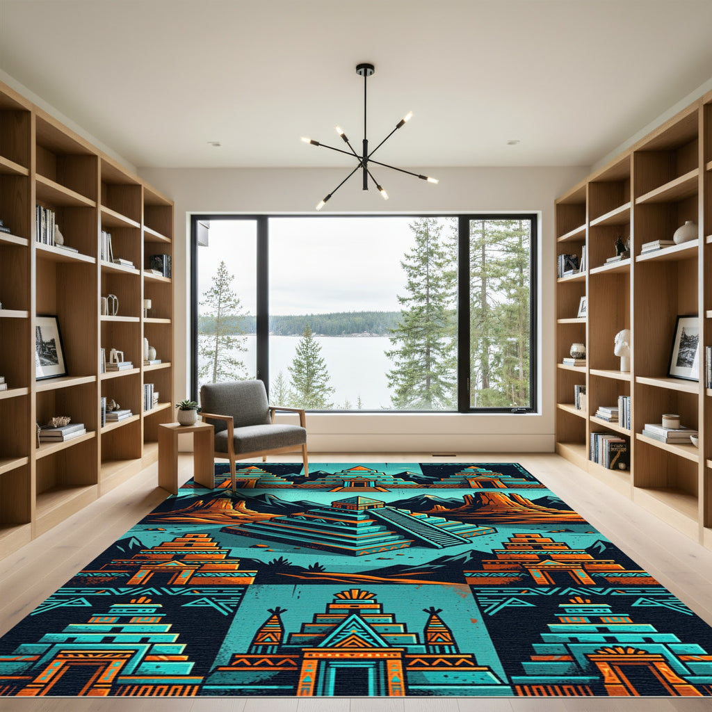 Turquoise Orange Ancient Pyramid Collage Rug