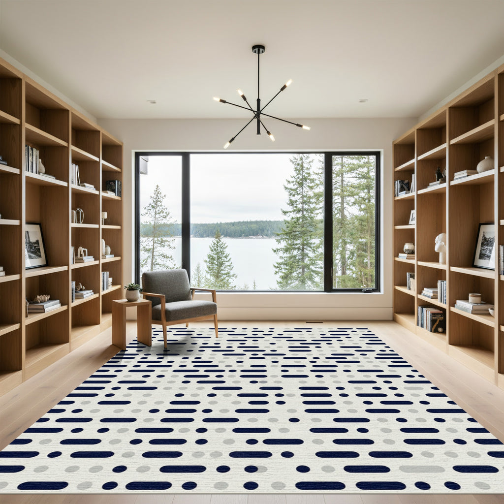 Minimalist Navy Dot and Dash Grid Rug