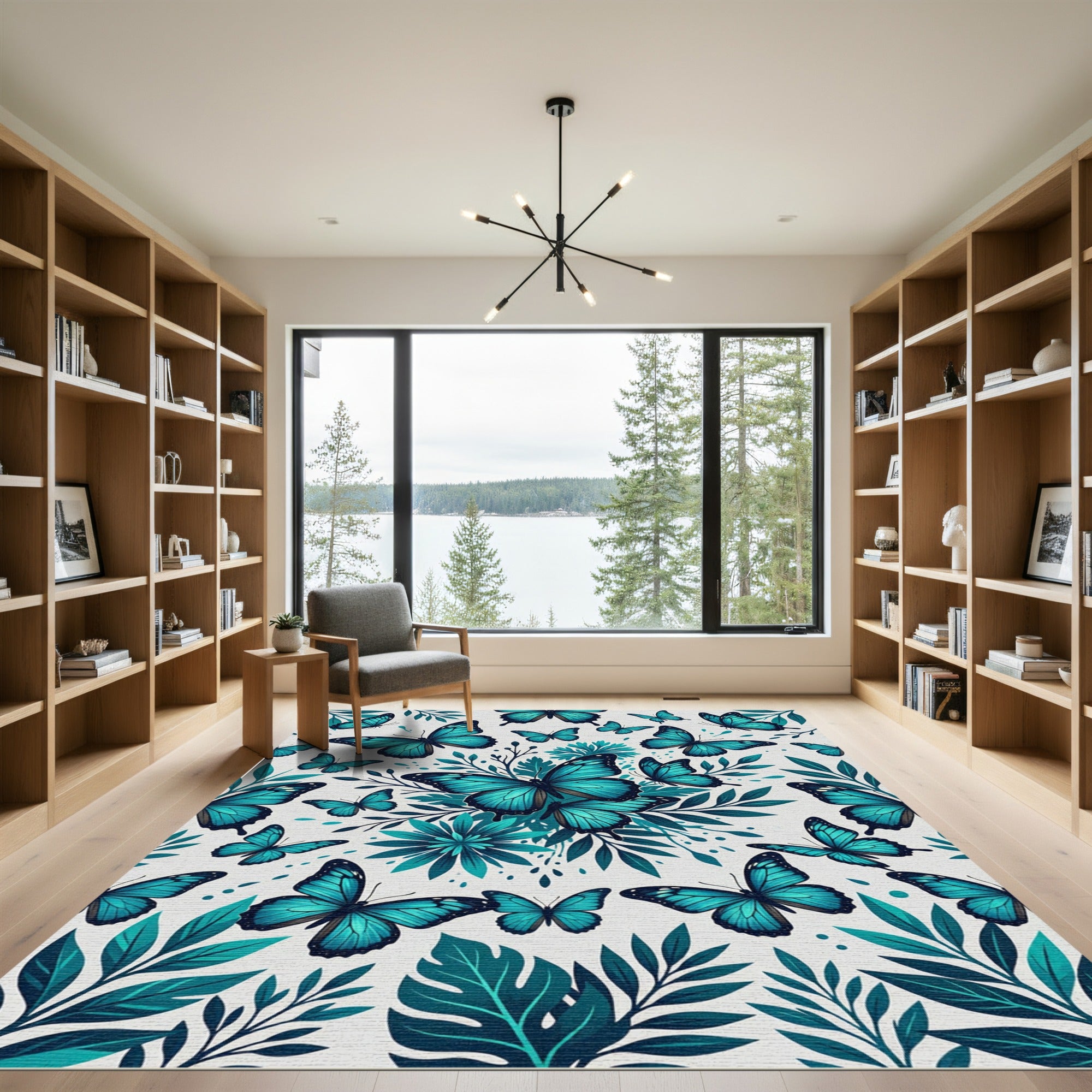 Vibrant Teal Butterfly Botanical Garden Rug