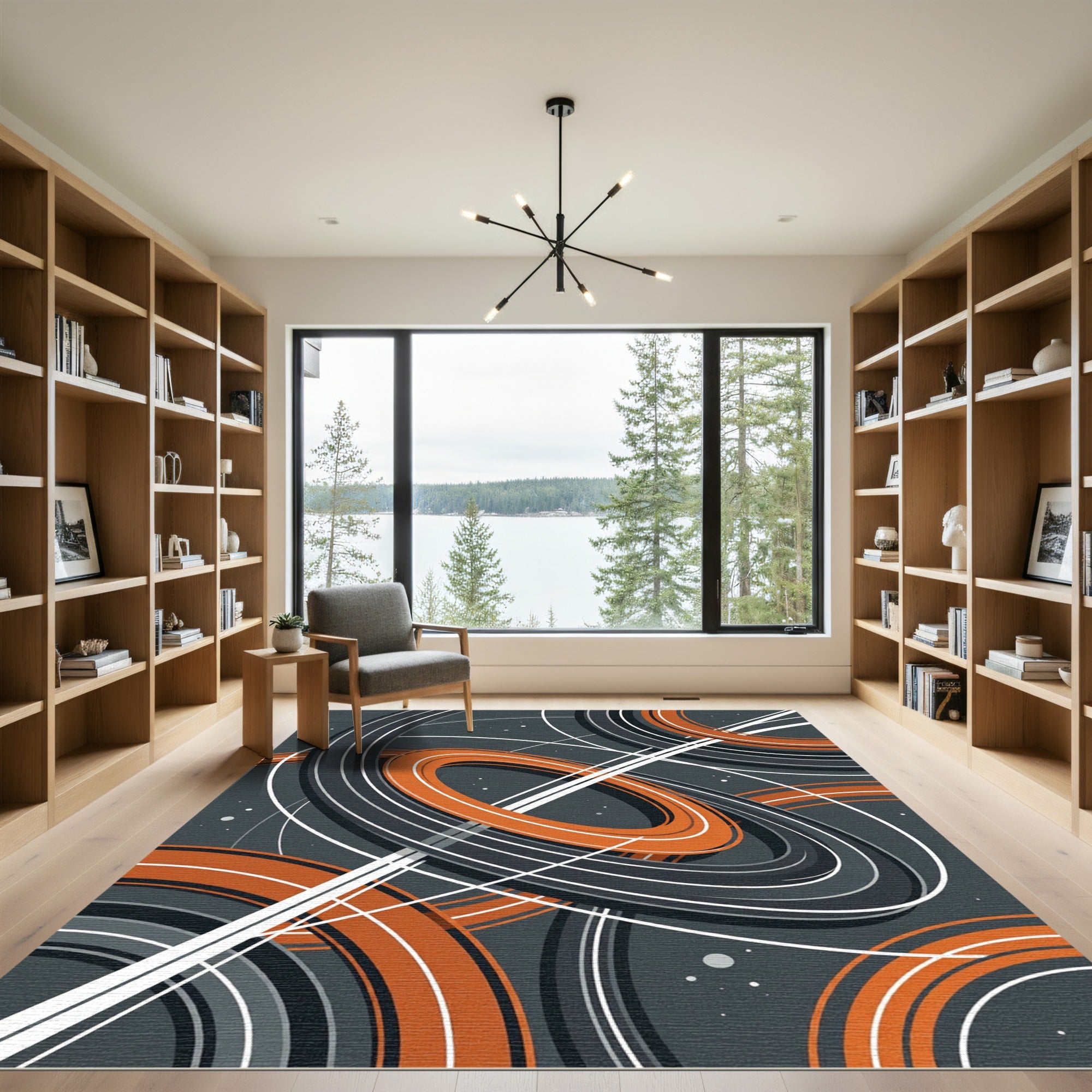 Modern Cosmic Orange and Gray Orbit Rug