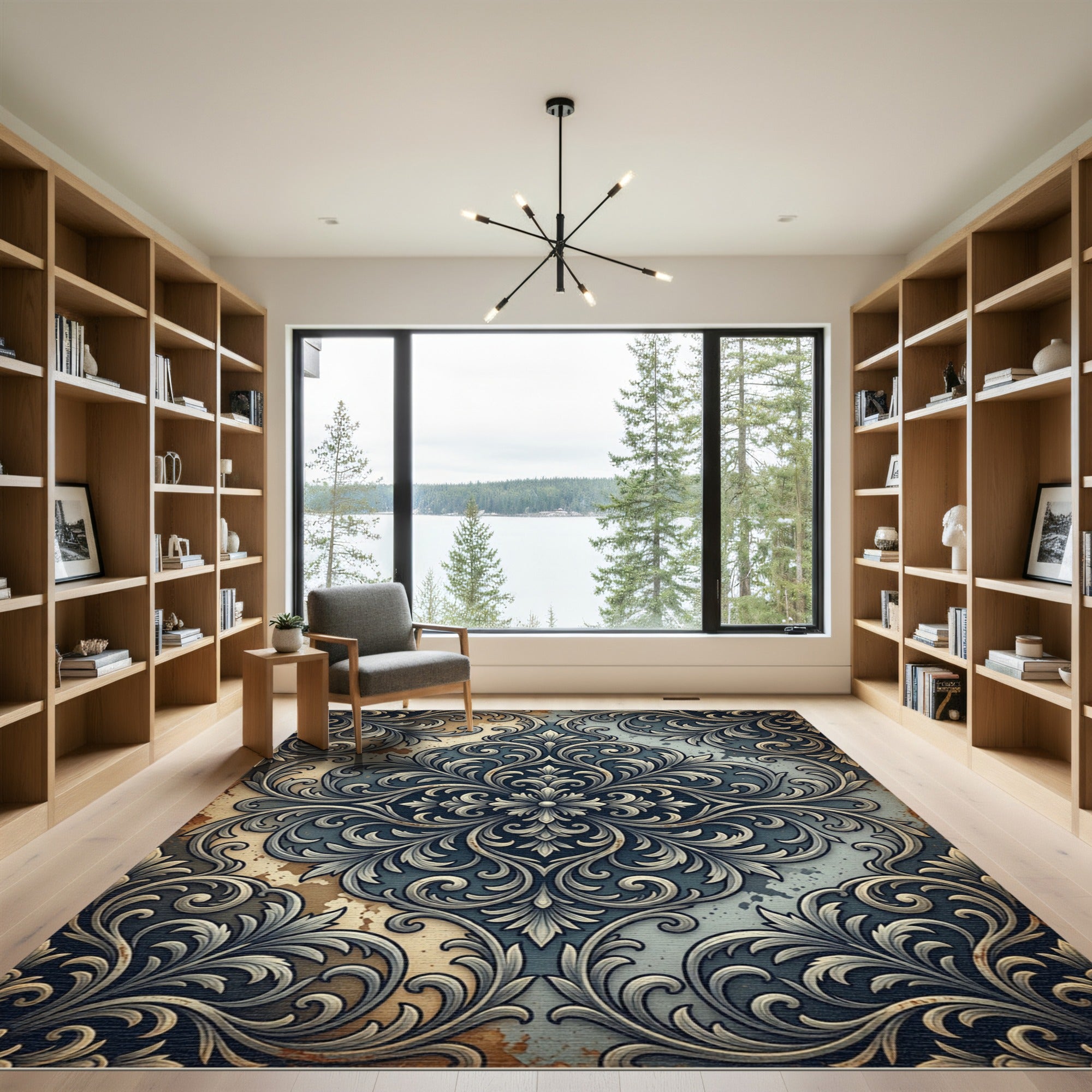 Elegant Damask Scrollwork Slate Beige Rug