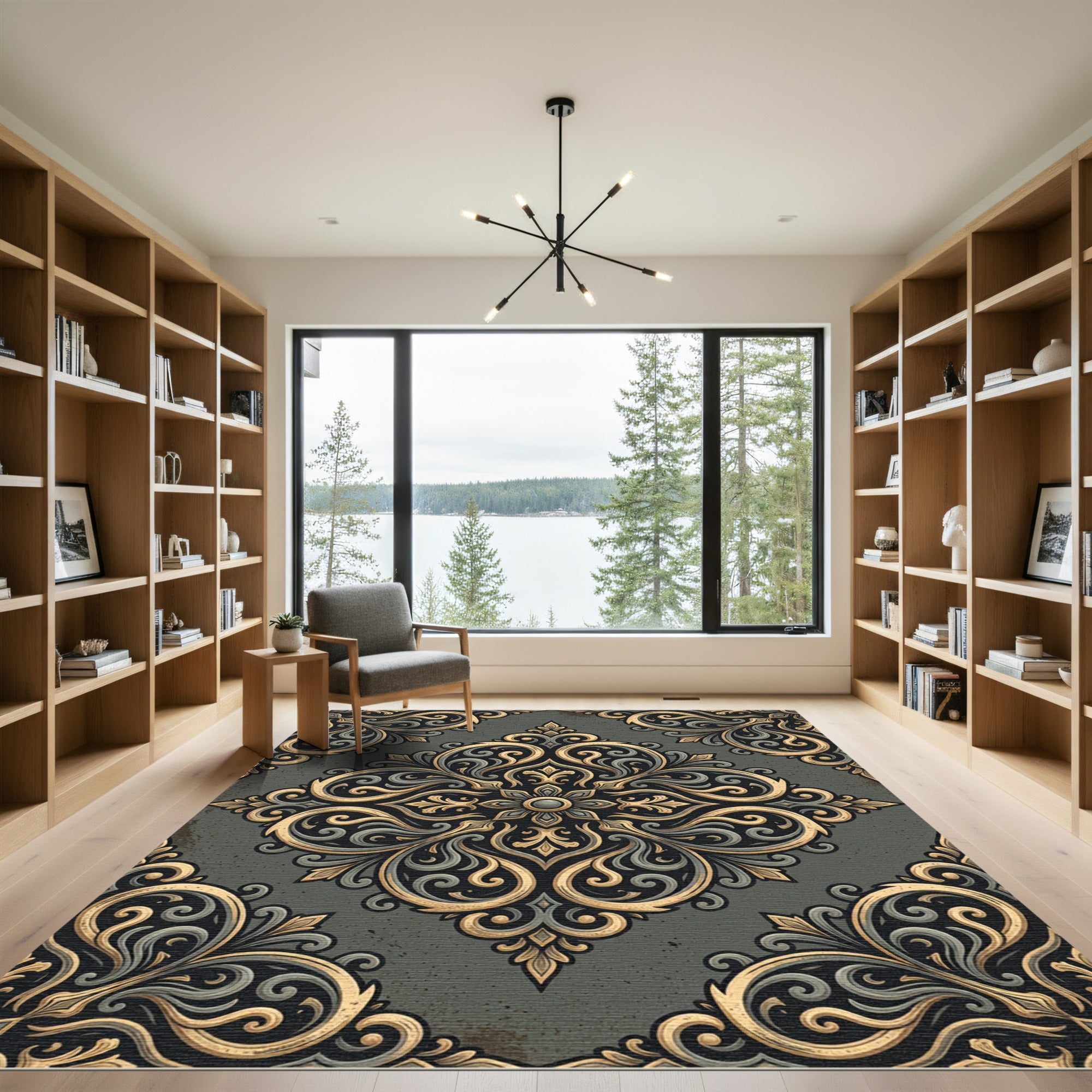 Vintage Gold Gray Damask Scroll Rug