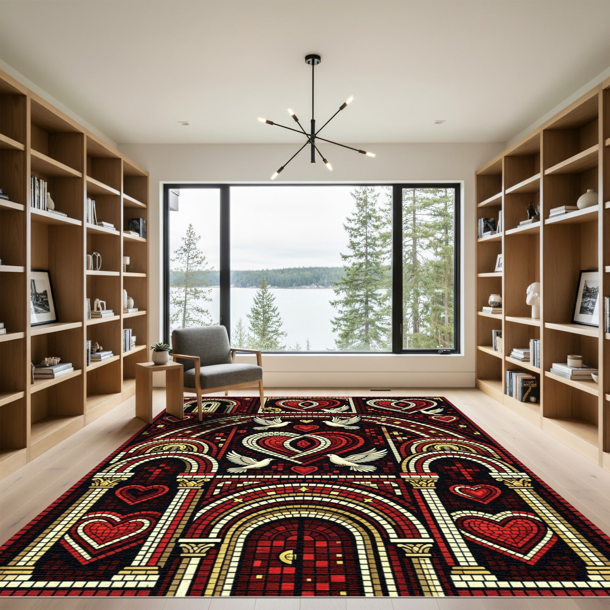 Regal Red Heart Dove Archway Mosaic Rug