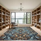 Antique Gold Blue Flourish Scroll Rug