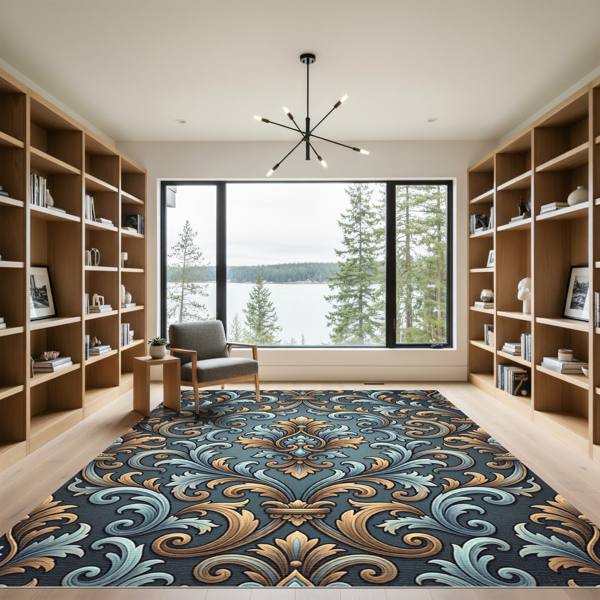 Antique Gold Blue Flourish Scroll Rug