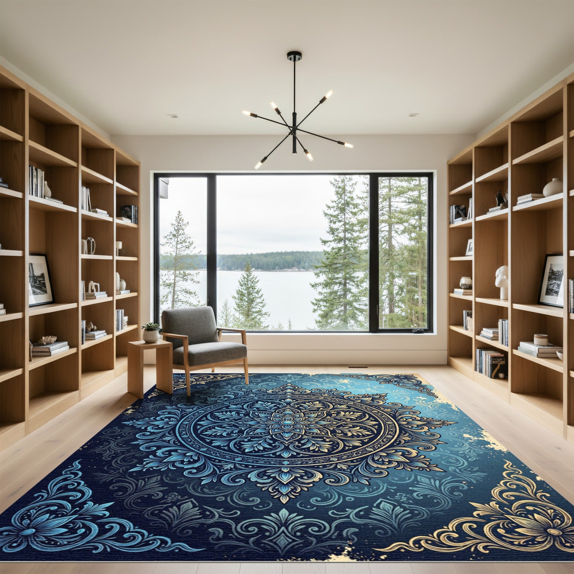 Elegant Navy Golden Floral Medallion Rug