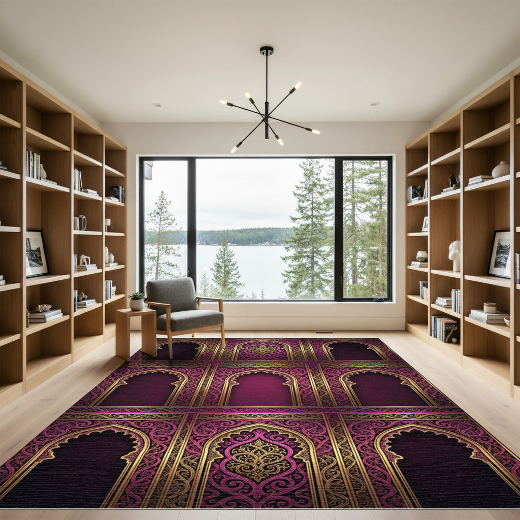 Ornate Plum Golden Arch Filigree Rug