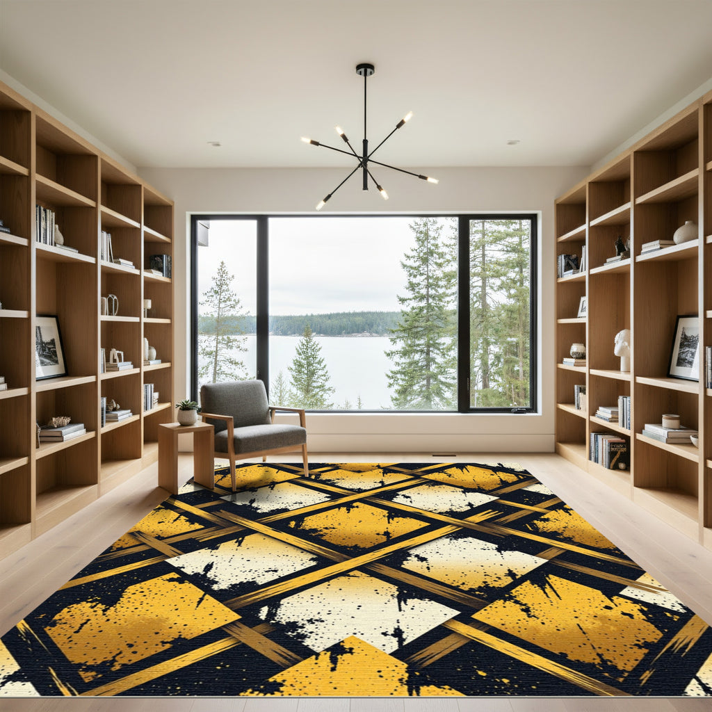 Gold Black Geometric Diamond Weave Rug
