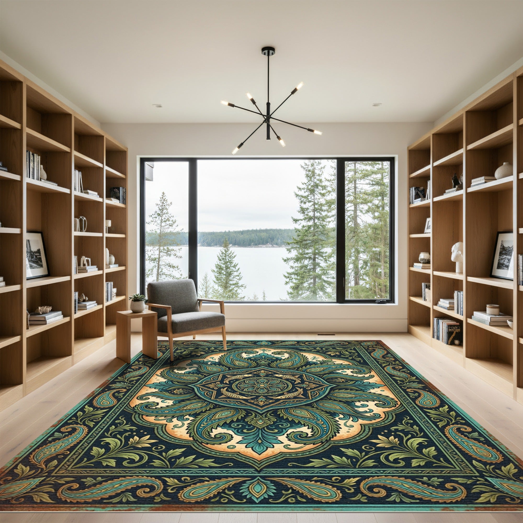 Teal Paisley Fish Medallion Ornate Art Rug