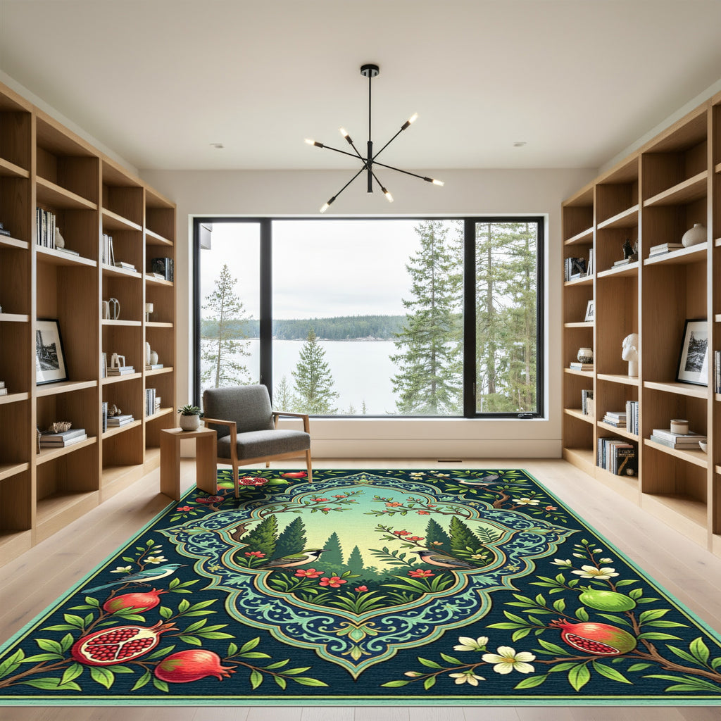 Ornate Pomegranate Birds Garden Scene Rug