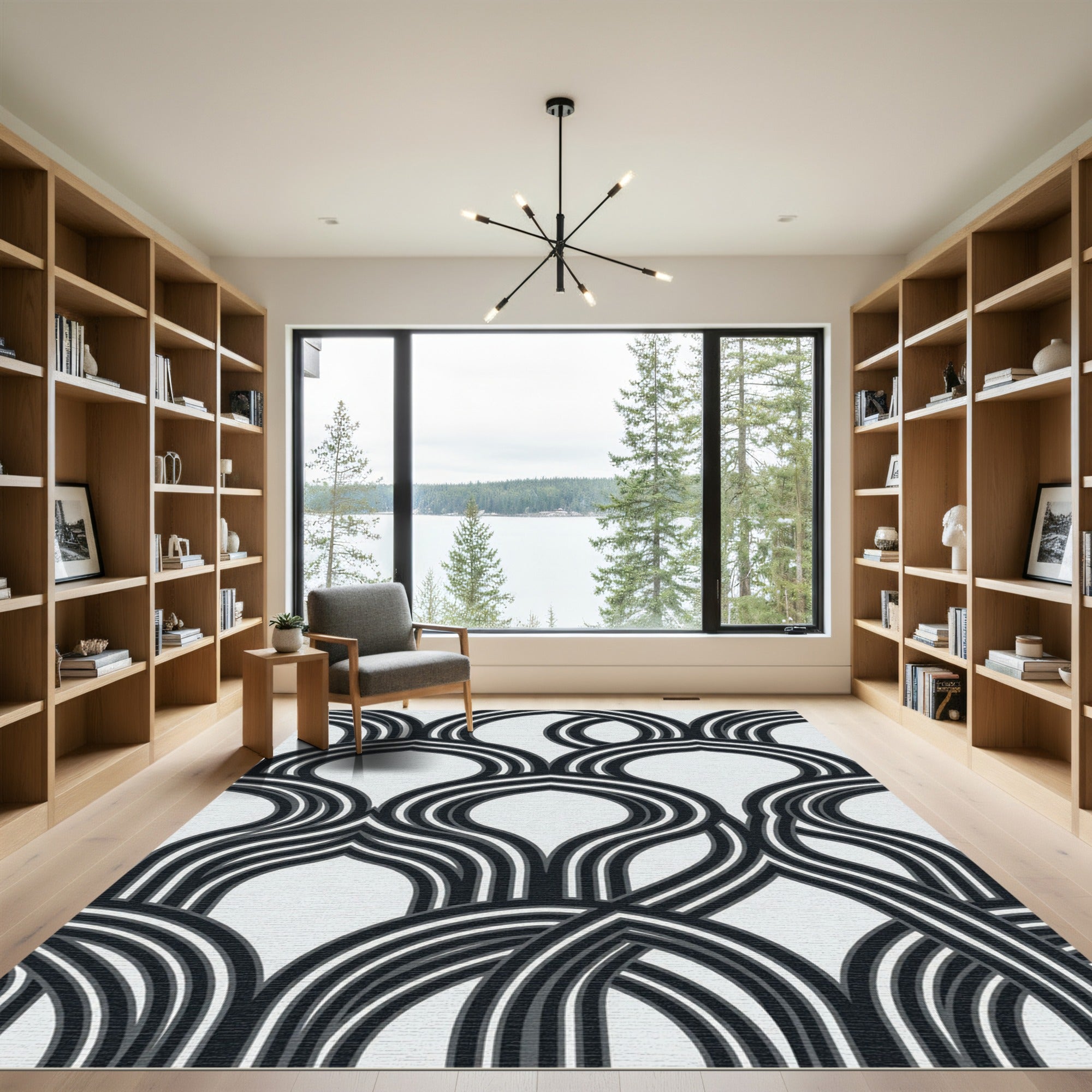 Monochrome Curved Arc Geometric Area Rug