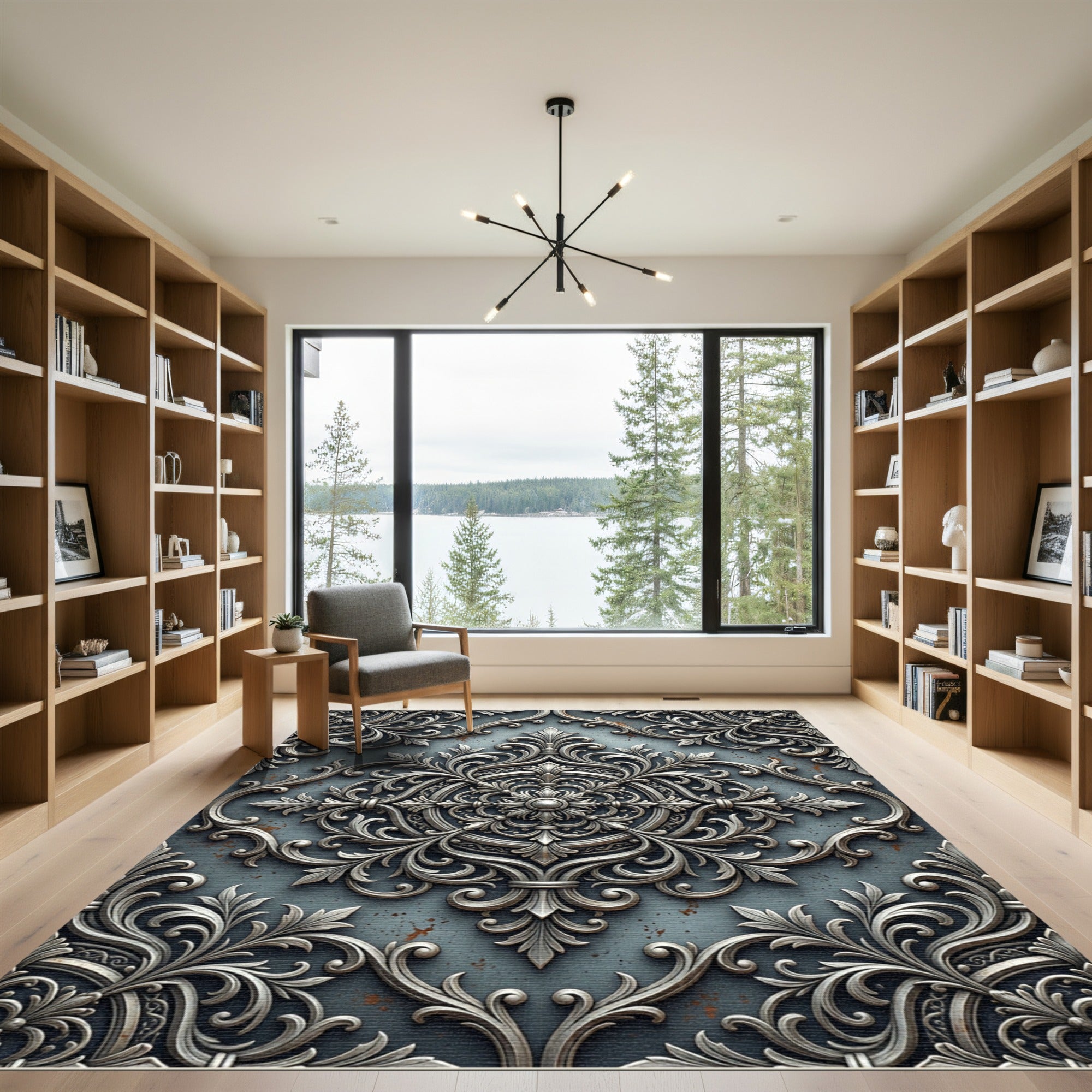 Ornate Silver Metallic Filigree Medallion Rug